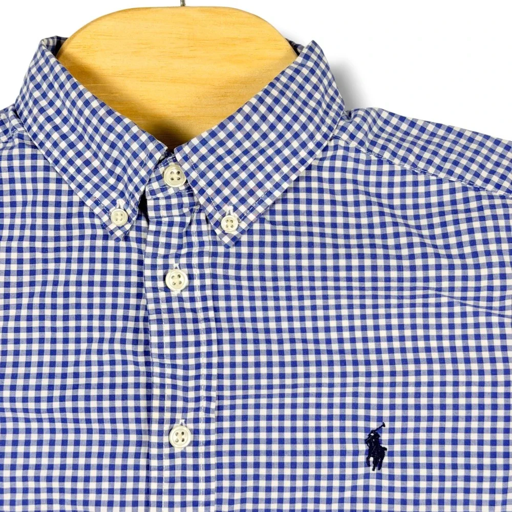 Ralph Lauren Button Down Boys L 14-16 Blue Gingham Natural Stretch Preppy Pony
